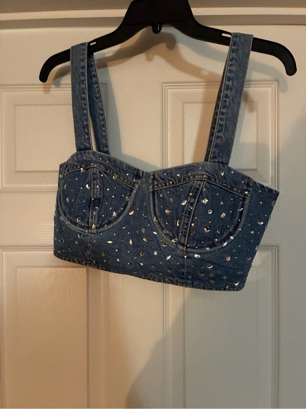 Forever 21 Blue Denim Crystal Bustier Crop Top